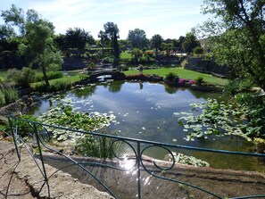 A serene pond with lily pads and a stone bridge, surrounded by lush greenery and a clear sky. - Luxury villa (210m2)-AC-Pool-Spa-Games room-Barbecue-Parking. (Alignan-du-Vent)