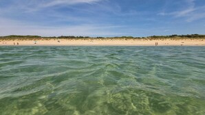 Une plage à l’eau claire et au rivage sablonneux.