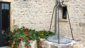 Un bâtiment en pierre avec une pompe à eau, une fenêtre et un jardinier orné de fleurs oranges.