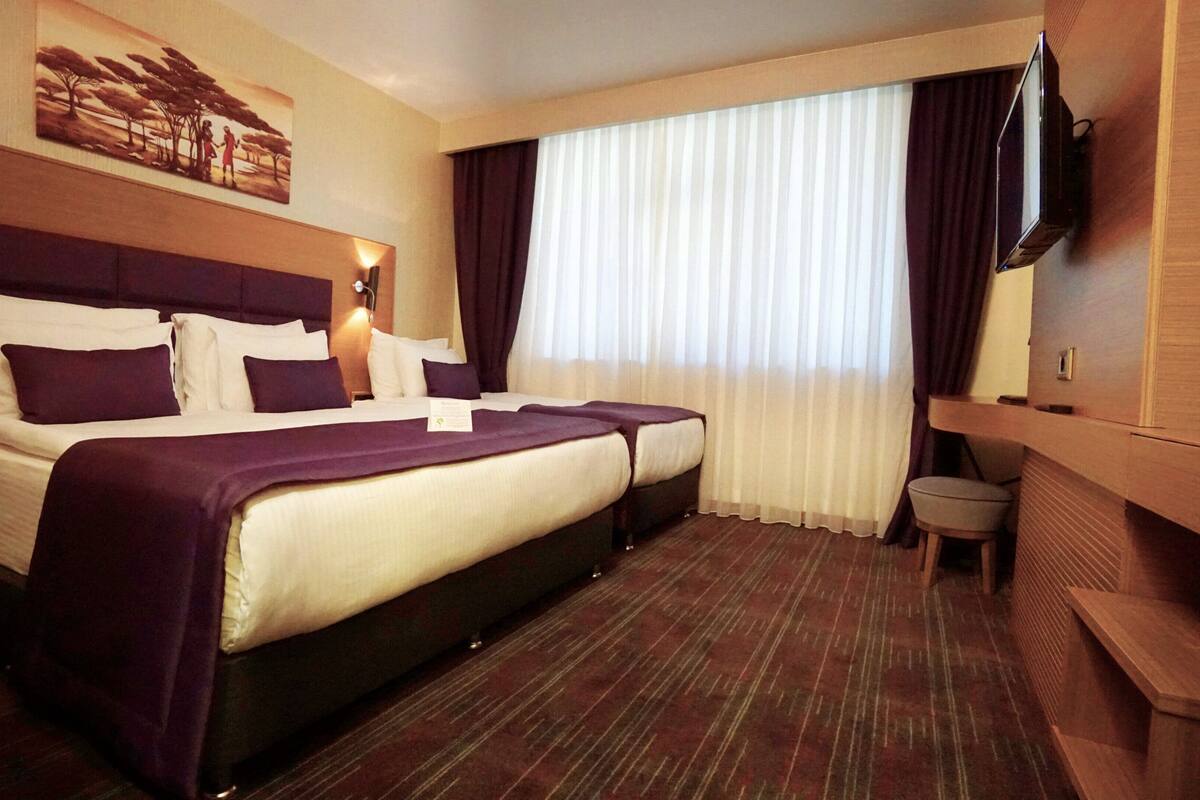 Een hotelkamer met een groot bed, een kleiner bed, een bureau, een stoel, een televisie en een schilderij aan de muur.