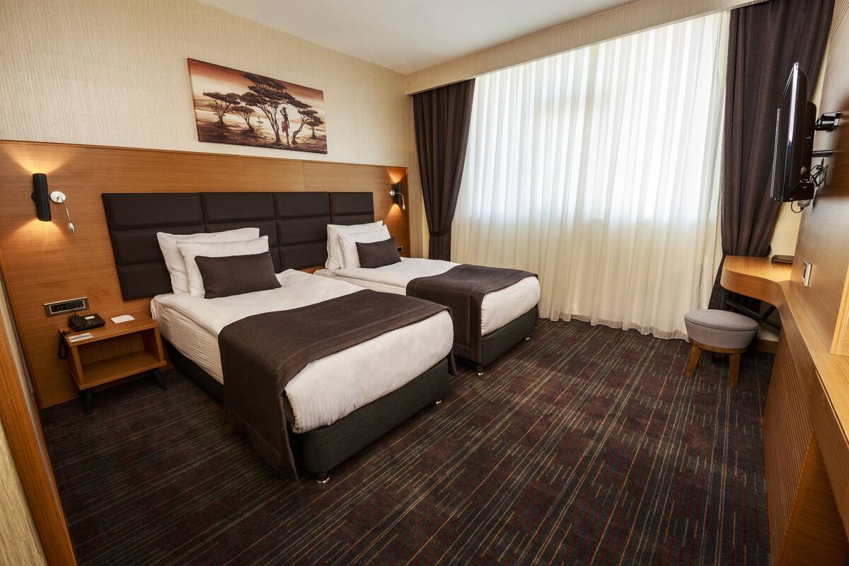 Een hotelkamer met twee bedden, een televisie, een bureau en een schilderij aan de muur.