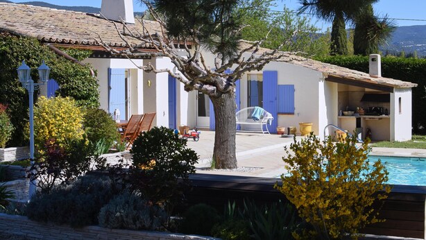 A villa with a swimming pool, a patio with a table and chairs, and a garden with various plants.