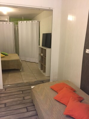 A room with a bed, a TV on a shelf, and a shower area with curtains. - South Wild Villa with outdoor pool-jacuzzi and terrace, kitchen and lounge (Saint Joseph)