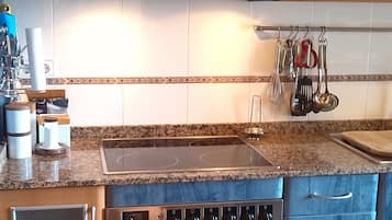Frigorífico, microondas, horno y placa de cocina