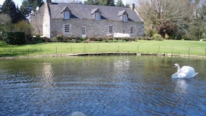 A pond with swans and a stone building in the background. - Morbihan 15 km sea, beautiful farmhouse 9personnes (Berric)