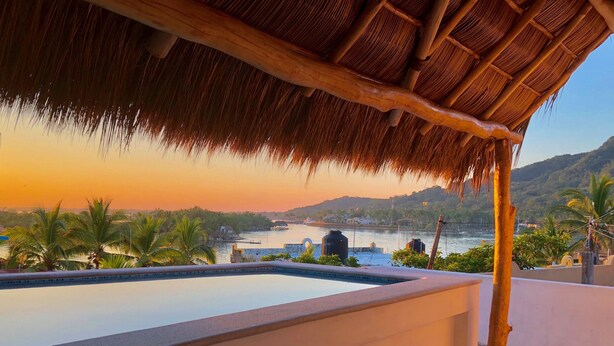 A swimming pool with a thatched roof overhead, surrounded by palm trees and a view of a body of water and distant hills.