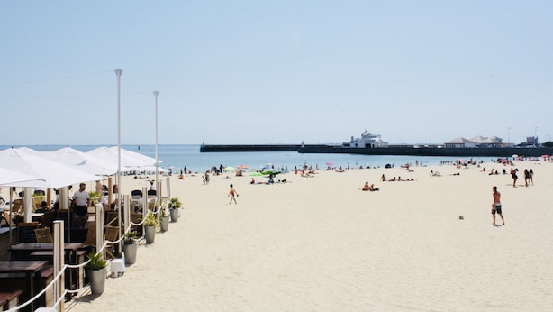 A beach with umbrellas and tables, a pier in the background, and people on the sand. - "All Baigne" - 1CH apartment with loggia closed sea panorama (Quiberon)
