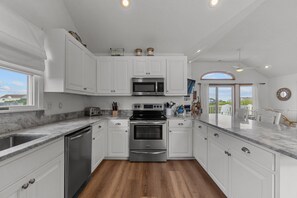 Fridge, microwave, oven, stovetop - 1522 - Sand Dollar, Charming 5BR home w/heated pool in Corolla OBX. Well equipped & family friendly! (Corolla)