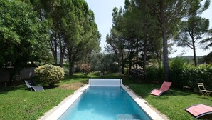 A rectangular swimming pool with a white border, surrounded by a grassy area with trees and bushes.
