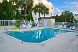 Une piscine rectangulaire entourée d’une clôture blanche, avec des chaises longues et des palmiers tout autour.