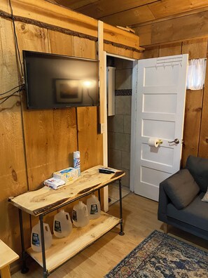 A room with a television mounted on a wooden wall, a white door with a towel hanging, a blue sofa, and a small table with cleaning supplies.