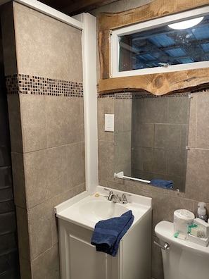 Une salle de bain avec un lavabo blanc, un miroir au-dessus, et des toilettes avec une serviette accrochée au mur.