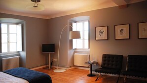 A room with a bed, a TV, a floor lamp, two chairs, and framed artwork on the wall. - Zilbetinea (Baztan)