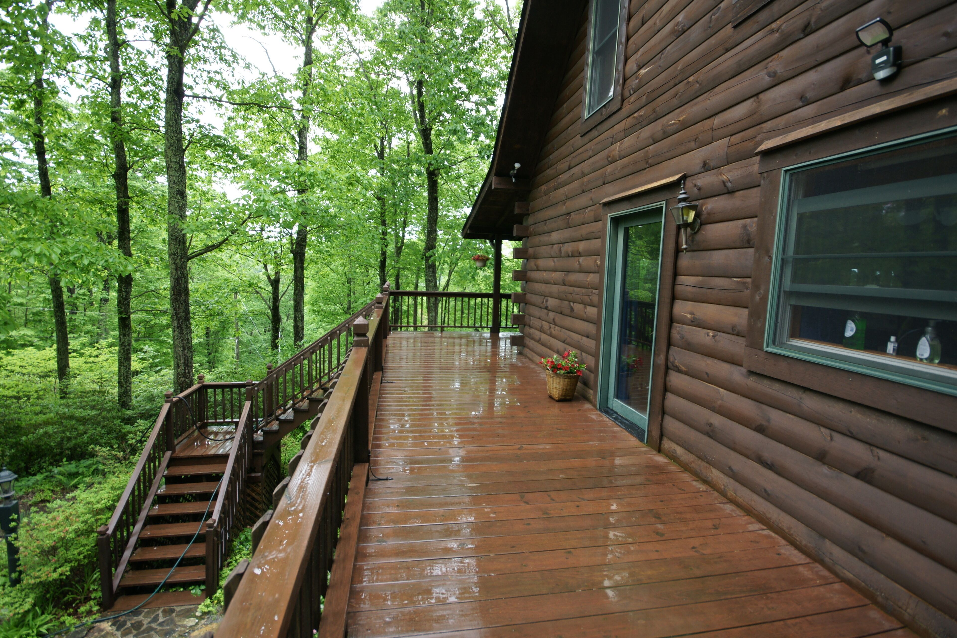 A wooden deck with a staircase leading to a cabin with a glass door.