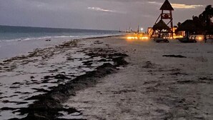 Una playa con una torre de salvavidas y algunas cabañas.