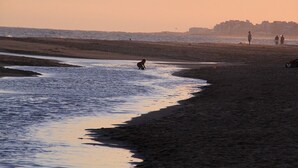 A beach scene with a person playing in the water, a distant shoreline with buildings, and a clear sky. - ELEGANT 1BED APARTMENT 50 METRES FROM PLAYA DE LOS INGLESES (Punta del Este)