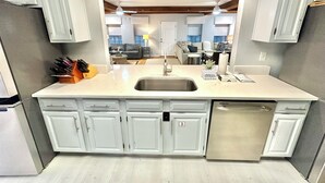 A modern kitchen with white cabinets, a stainless steel sink, and a built-in dishwasher.