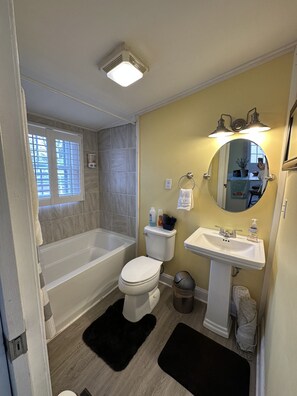 Combined shower/tub, hair dryer, towels, soap