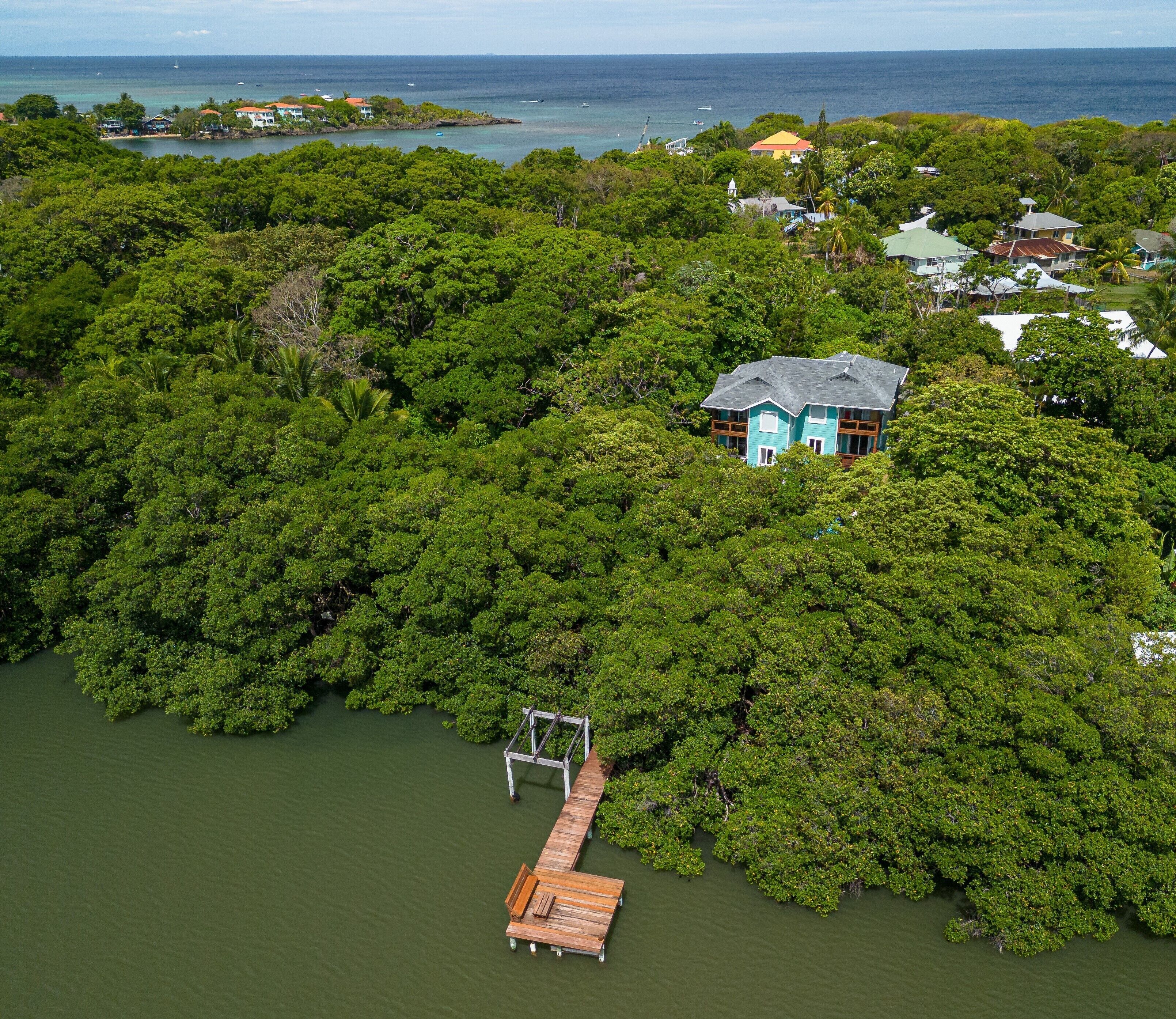 Eine Vogelperspektive einer tropischen Insel mit üppiger Vegetation, einem Holzsteg und einem Haus mit blauem Dach.