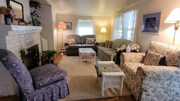 TV connectée, cheminée, lecteur de DVD, livres