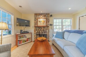 TV, fireplace, DVD player, books