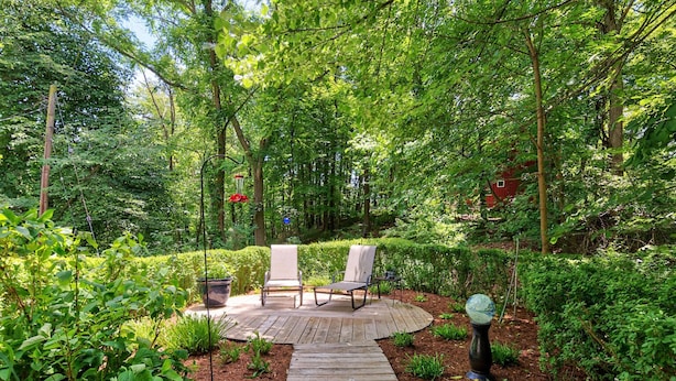 A wooden deck with two chairs, surrounded by lush greenery and a hedge.