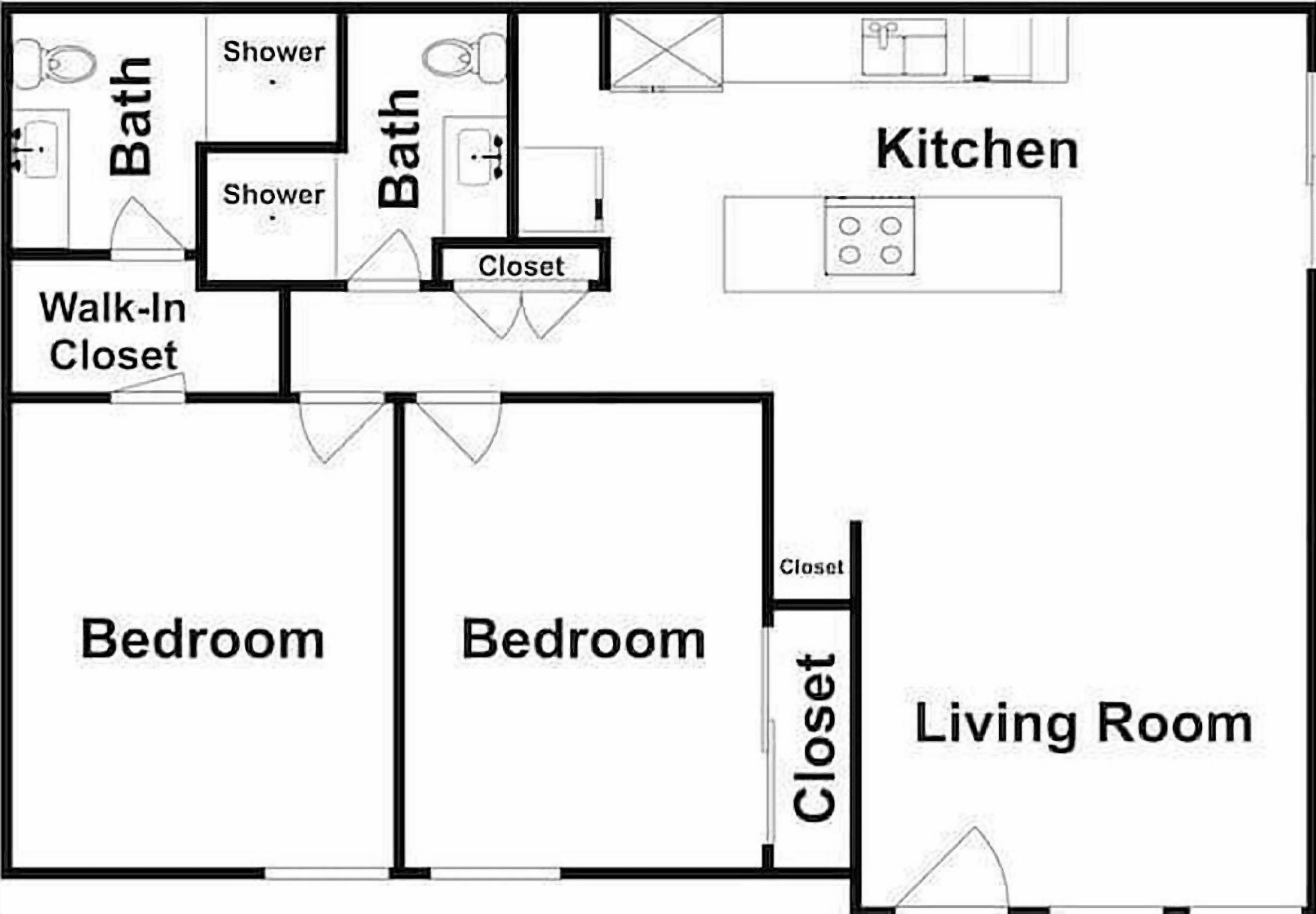 Plano de distribución de una habitación de hotel que incluye dos dormitorios, una sala de estar, una cocina, dos baños y un vestidor.
