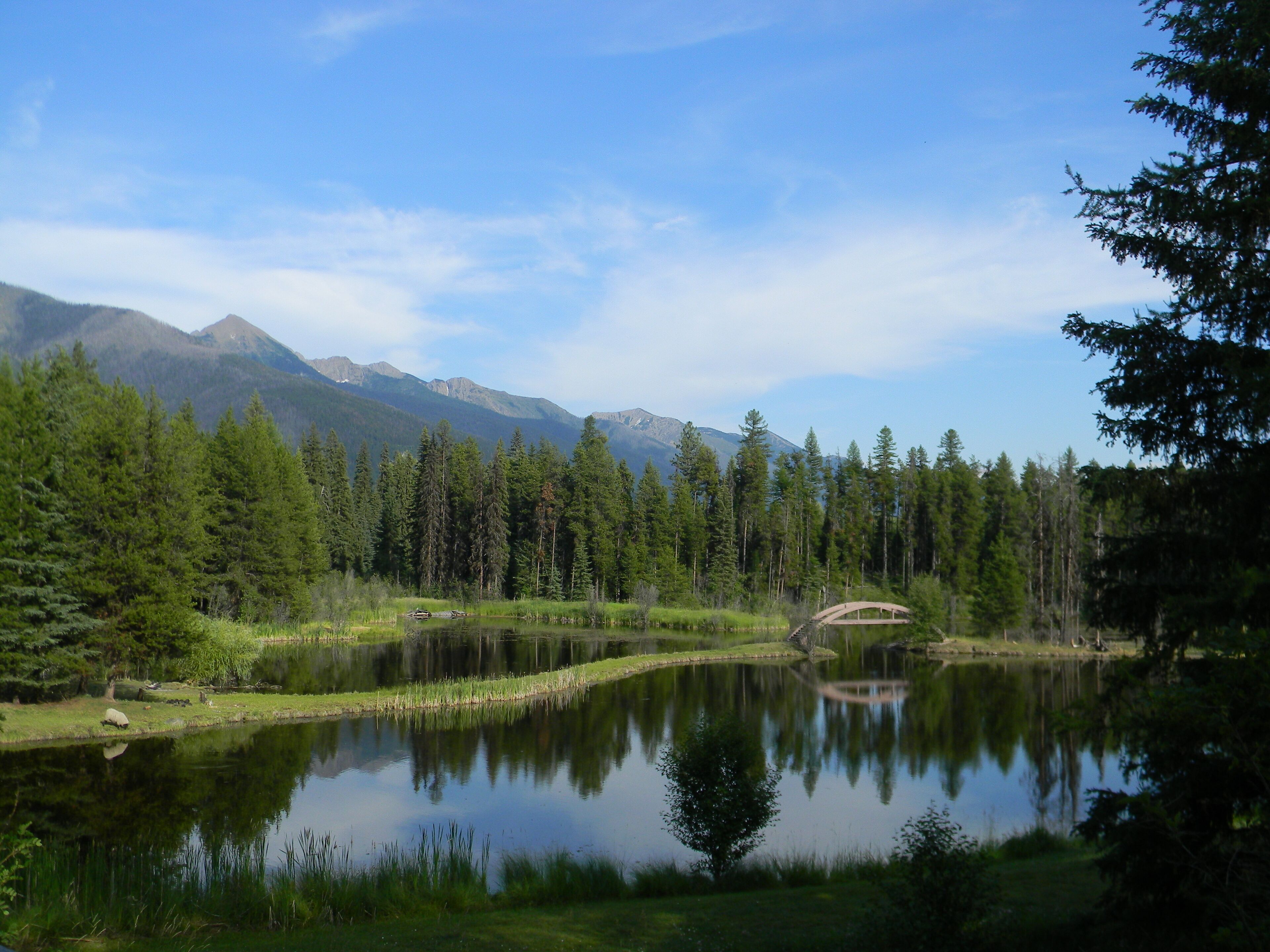 A serene lake surrounded by dense forest and mountains.