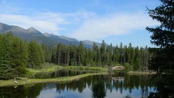 A serene lake surrounded by dense forest and mountains.