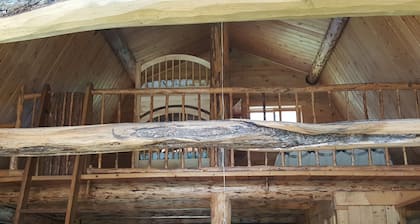 Rustic cabin hidden among the pines.