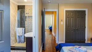 A hotel room with a shower, a bed, a door, and a hallway leading to another room.