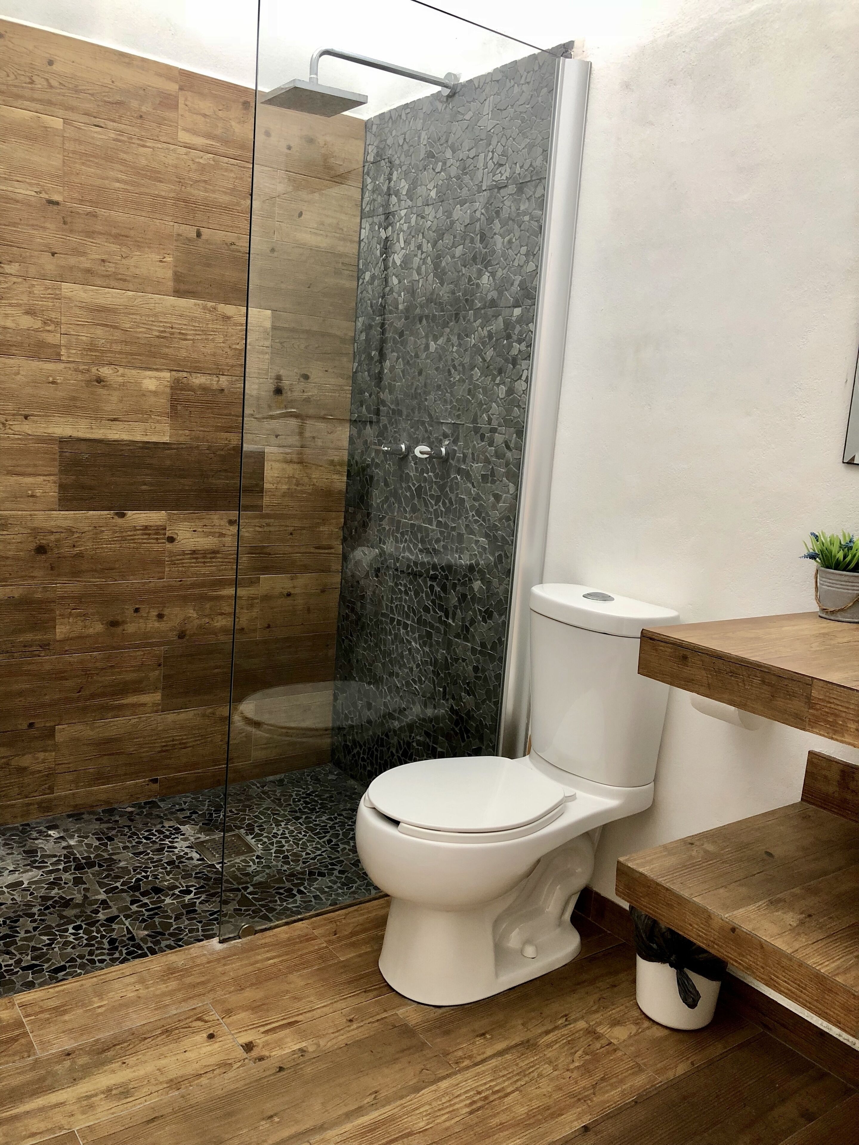 A bathroom with a shower, toilet, and wooden flooring.