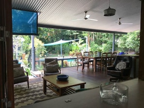 View from back deck over swimming pool