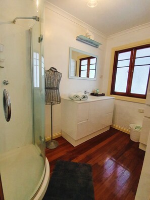 Secador de cabelo, toalhas de banho, sabonete, shampoo