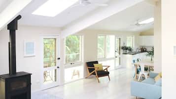 Smart TV, fireplace, books, video library