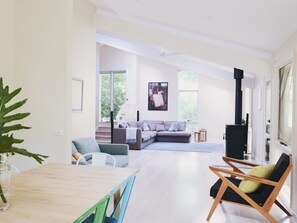 TV connectée, cheminée, livres, vidéothÚque