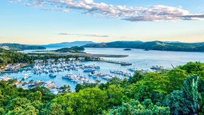 A marina with numerous boats docked, surrounded by lush greenery and hills in the background.