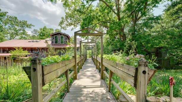 A wooden bridge leading to a rustic house surrounded by lush greenery.