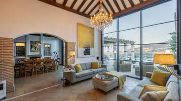 Smart-tv, een open haard, een dvd-speler en boeken