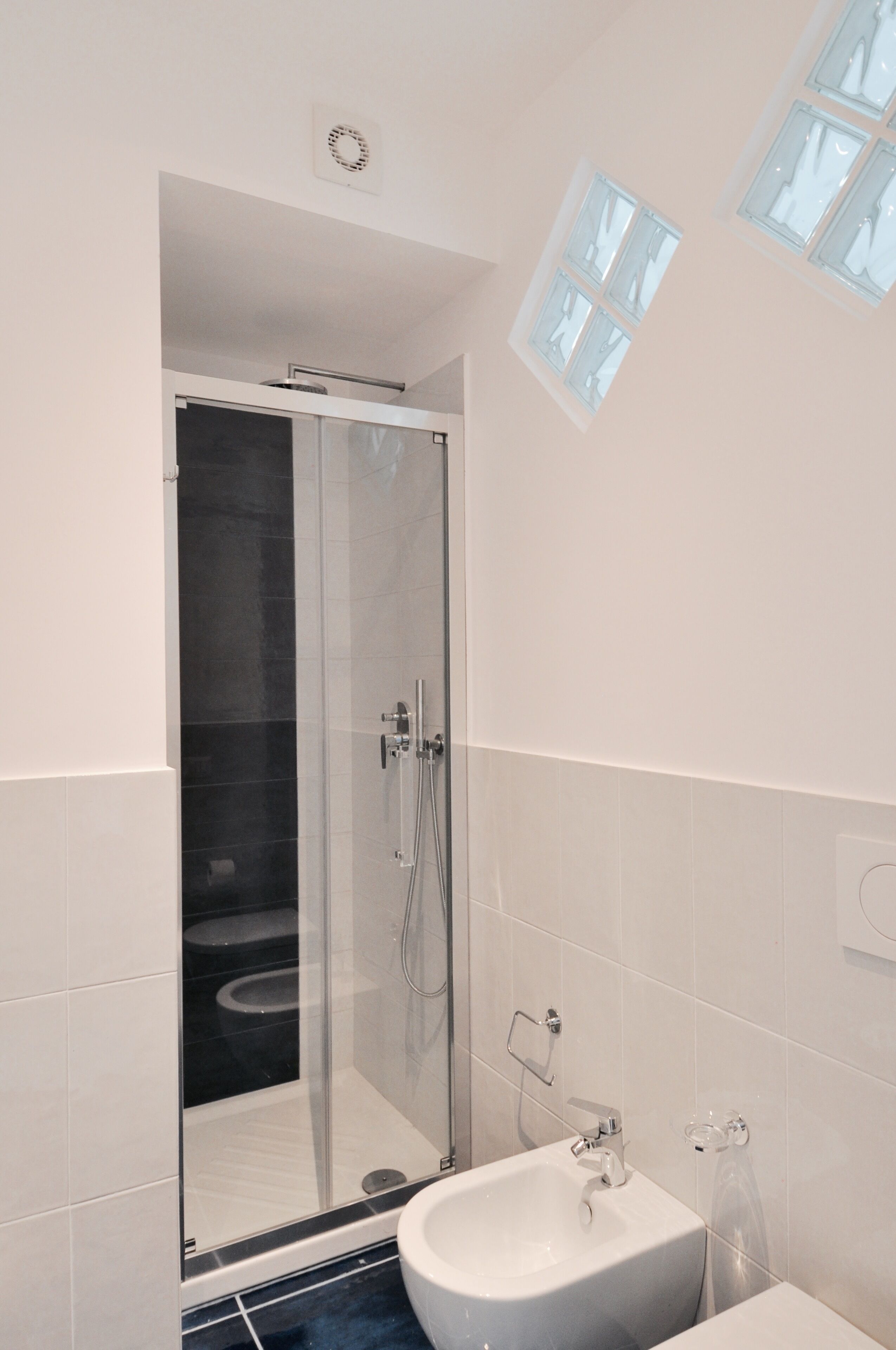 Shower, hair dryer, towels, toilet paper