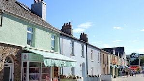 A street with a row of buildings, including a shop with a green awning and a signboard.