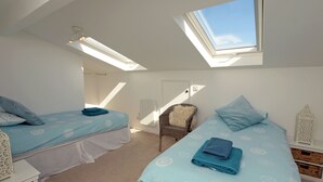 A bedroom with two beds, a skylight, and a chair.