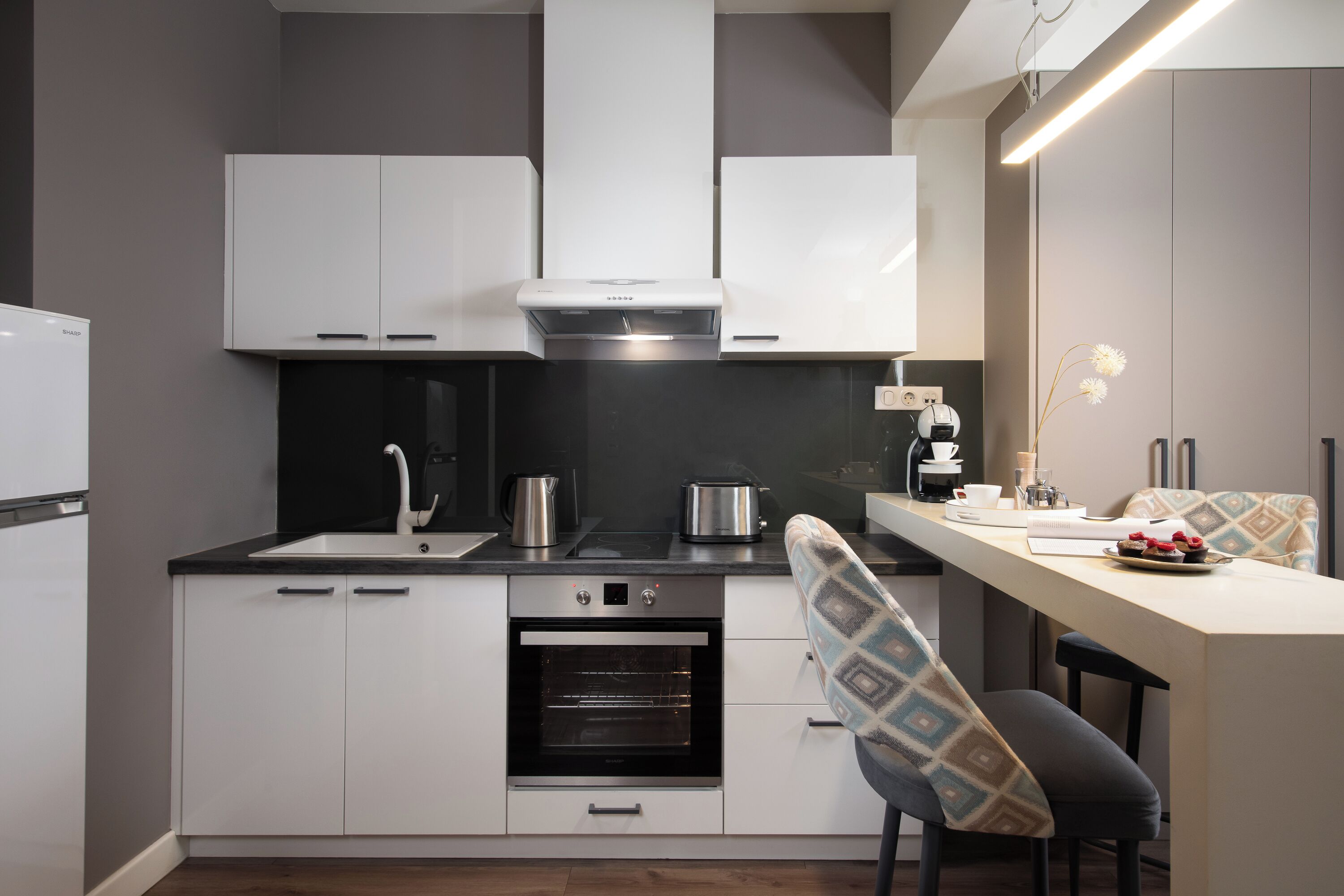 Espresso maker, coffee/tea maker, electric kettle, highchair