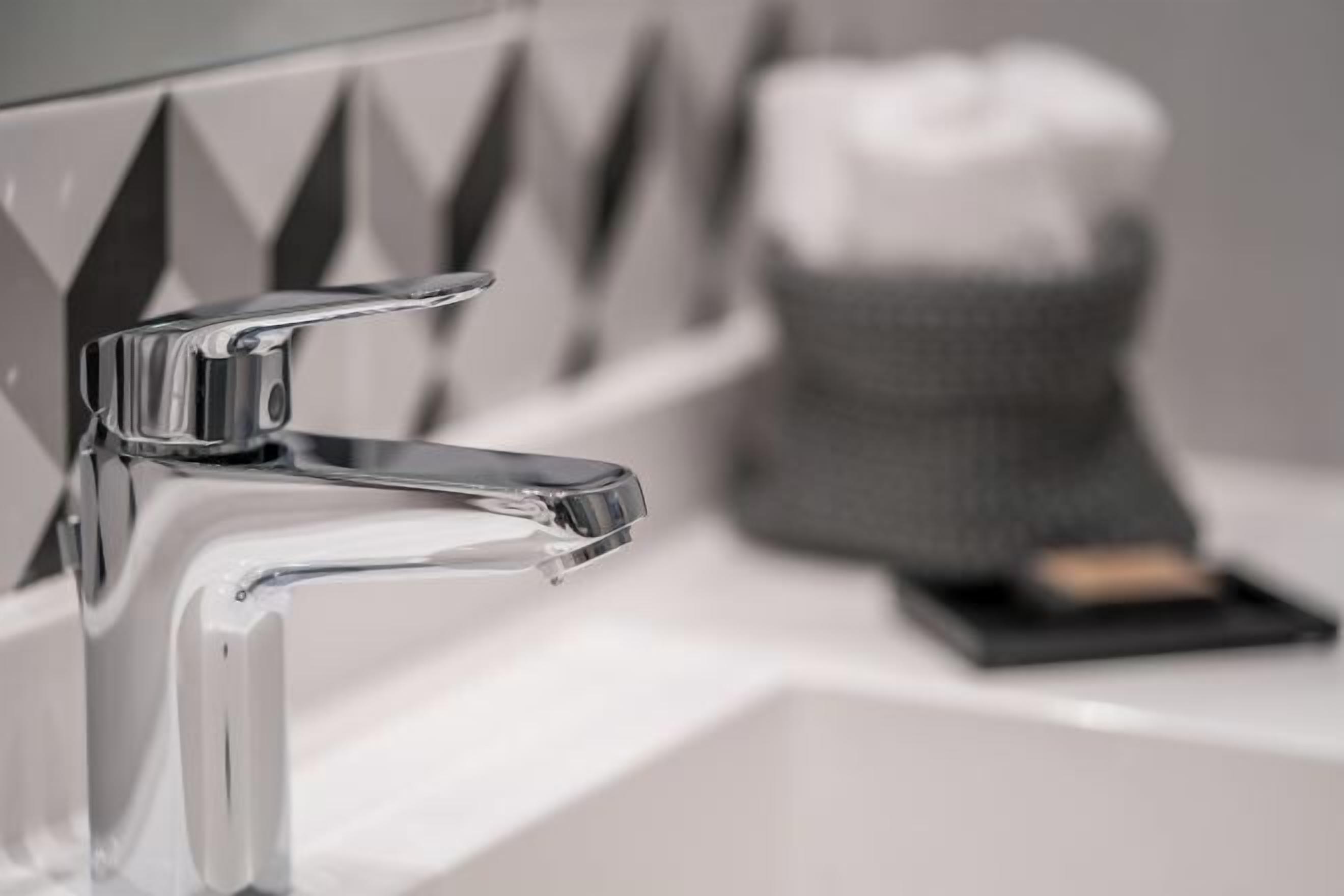Shower, rainfall showerhead, designer toiletries, hair dryer