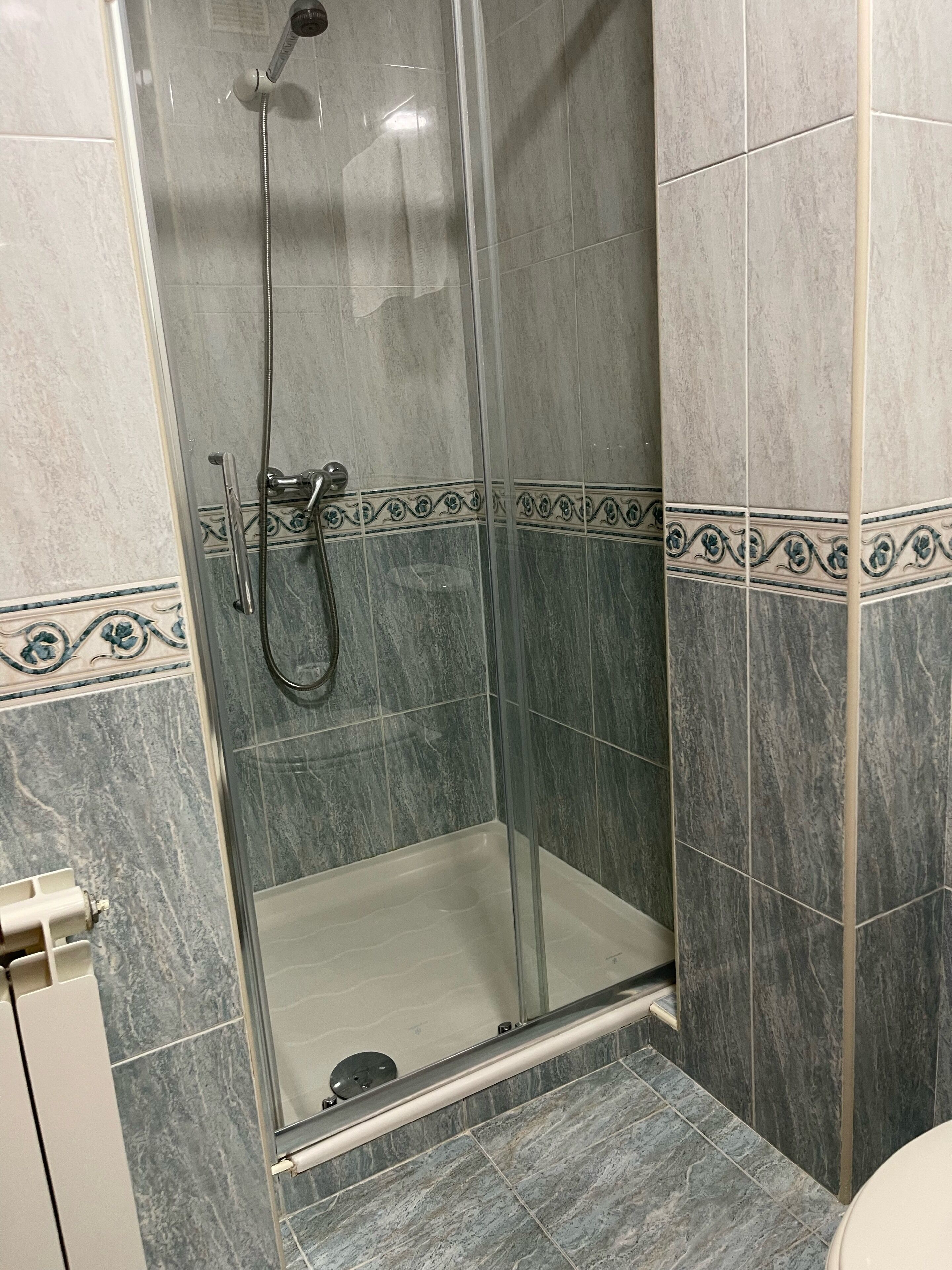 A shower with a glass door, a handheld showerhead, and a wall-mounted faucet.