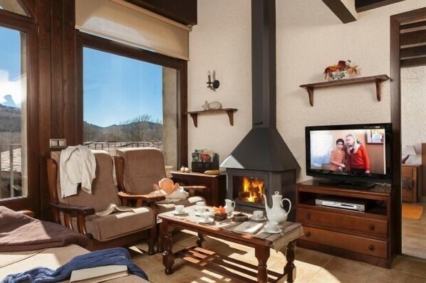 Televisión, chimenea y reproductor de DVD 