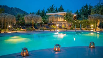 Seasonal outdoor pool, pool umbrellas, pool loungers