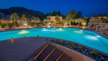 Seasonal outdoor pool, pool umbrellas, pool loungers