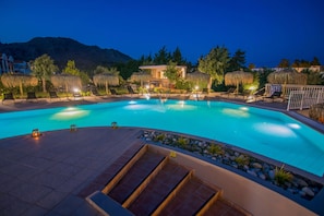 Seasonal outdoor pool, pool umbrellas, pool loungers
