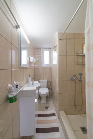 Combined shower/bathtub, hair dryer, towels, soap